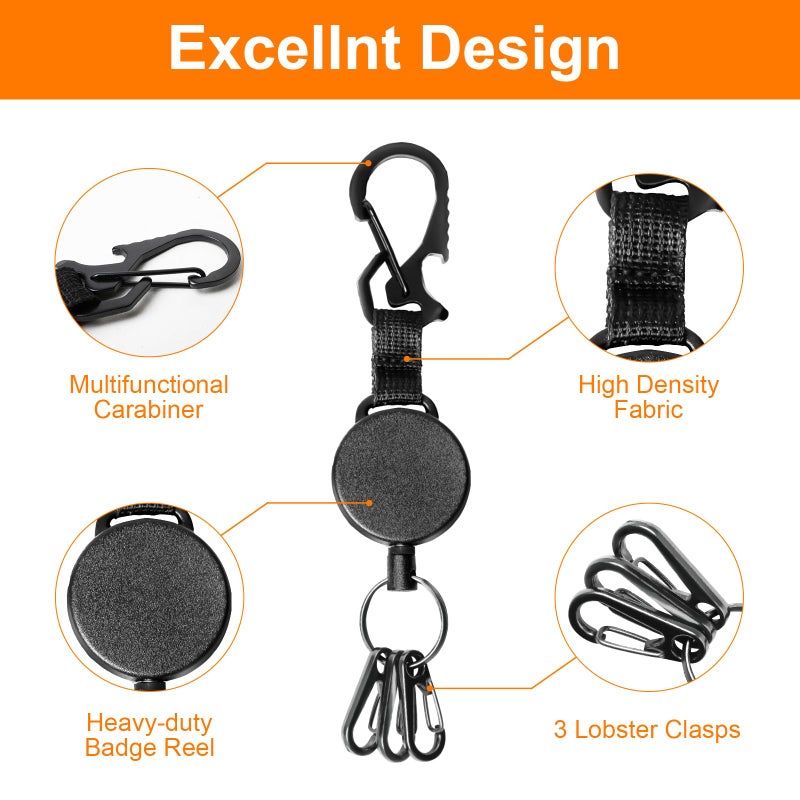 DELSWIN Retractable Keychain Heavy Duty - Retractable Key Holder Key Ring with Carabiner, ID Badge Clip Reel with Steel Cord, Clasps for Janitor Office Work, Bearing 8.0 oz (Pack of 2) - Image 4